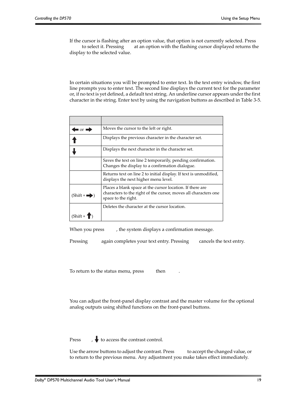 Entering text, Exiting the setup menu, Other commands | Contrast adjustment for the front-panel display, Table 3-5, 2 entering text, 3 exiting the setup menu, 4 other commands, 5 contrast adjustment for the front-panel display | Dolby Laboratories DP570 User Manual | Page 31 / 127