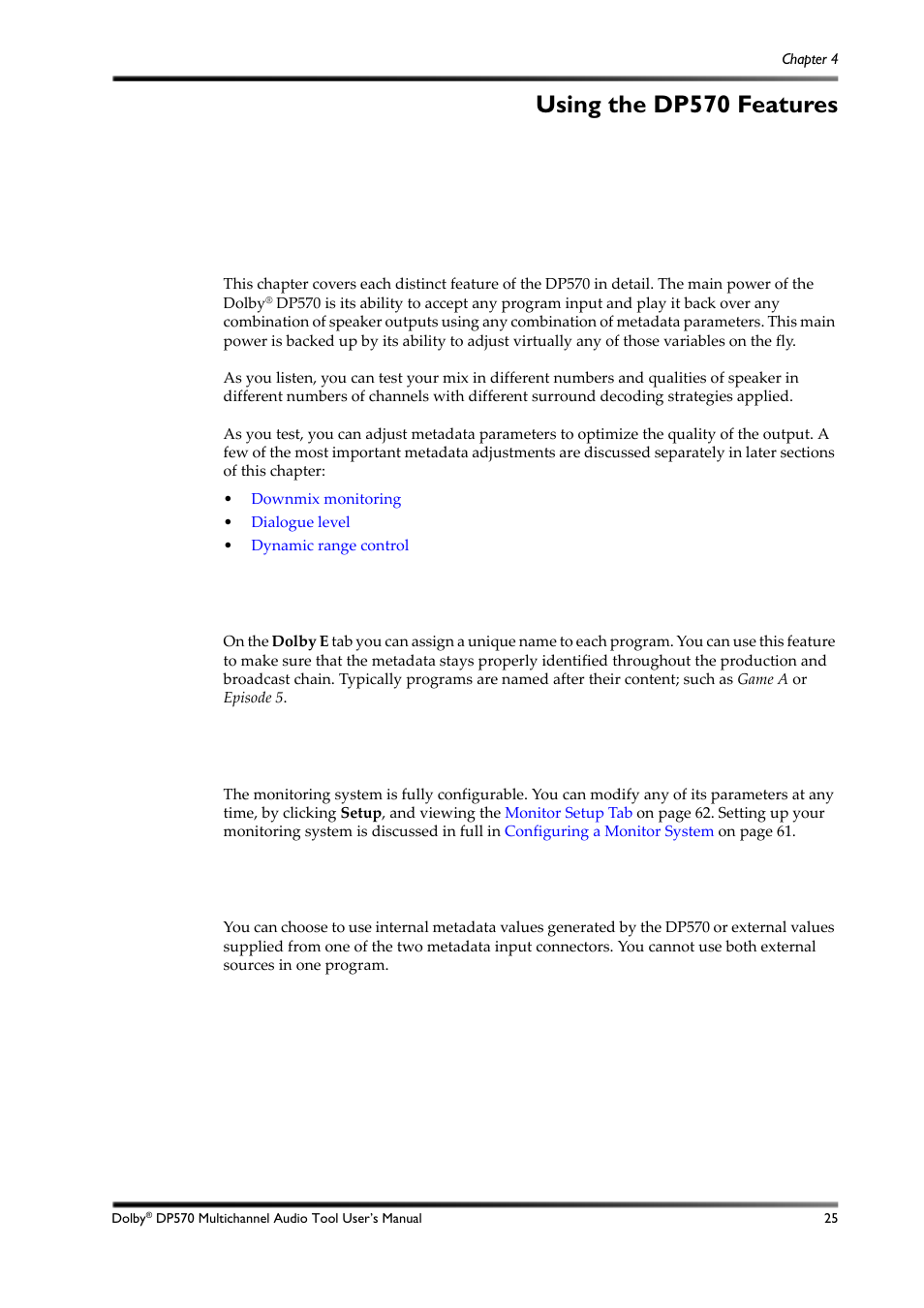 Using the dp570 features, Naming programs, Adjusting the monitor system | Generating and adjusting metadata, Chapter 4: using the dp570 features, 1 naming programs, 2 adjusting the monitor system, 3 generating and adjusting metadata | Dolby Laboratories DP570 User Manual | Page 37 / 127
