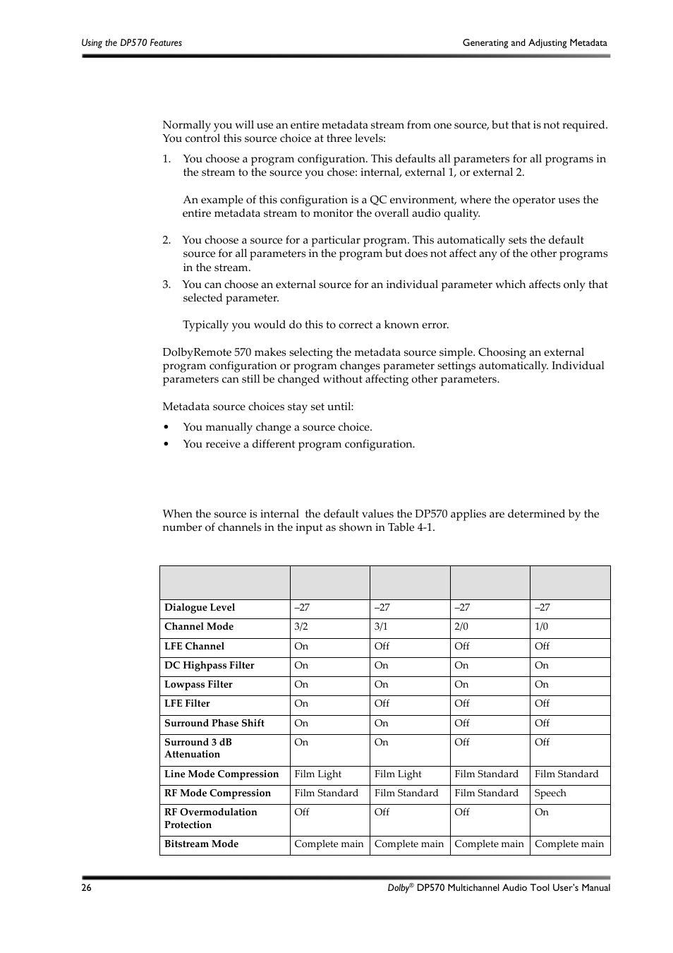 Choosing the source of metadata, Using generated metadata, Table 4-1 | 1 choosing the source of metadata, 2 using generated metadata | Dolby Laboratories DP570 User Manual | Page 38 / 127