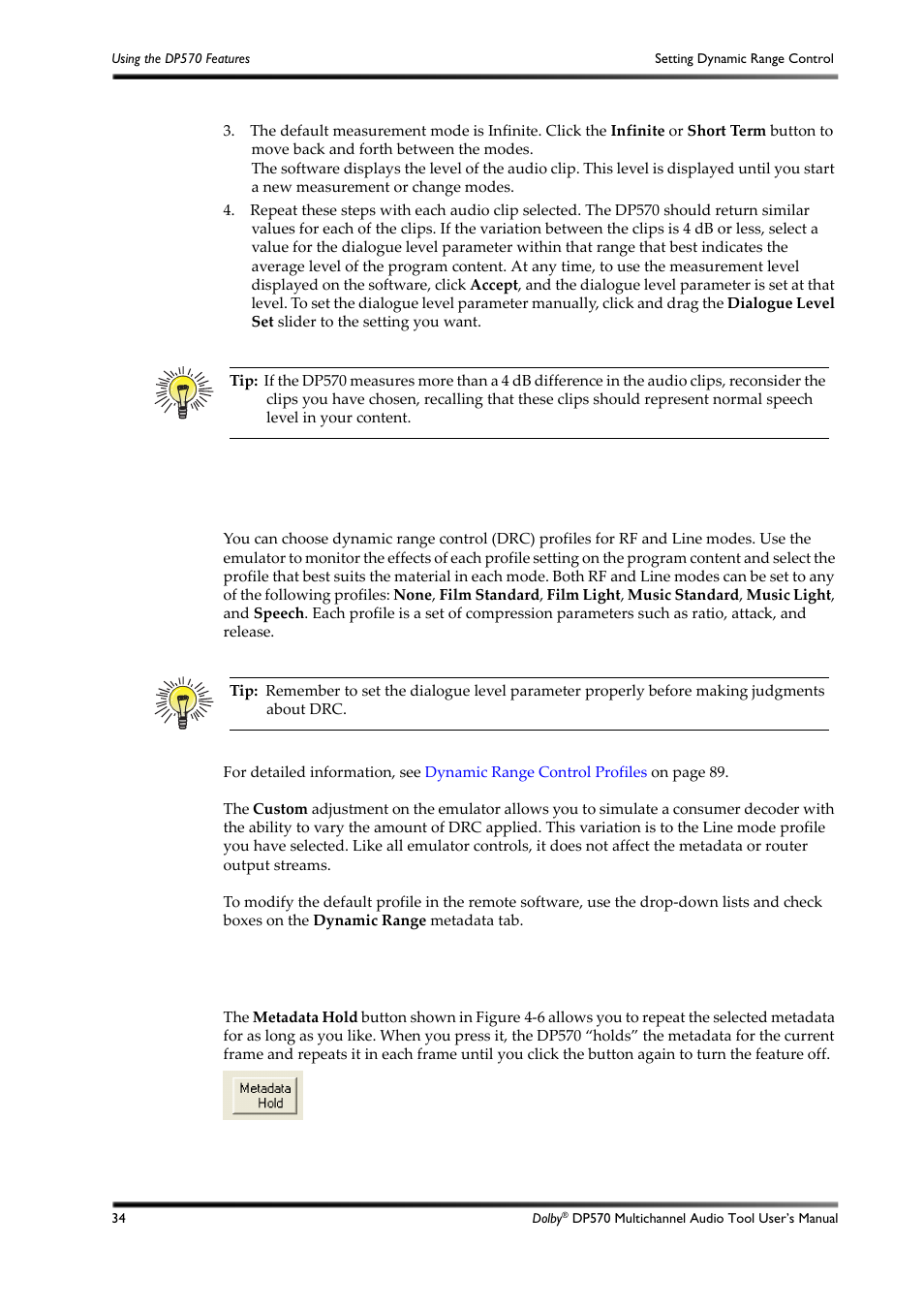 Setting dynamic range control, Holding metadata, 8 setting dynamic range control | 9 holding metadata, Figure 4-6, Dynamic range control | Dolby Laboratories DP570 User Manual | Page 46 / 127