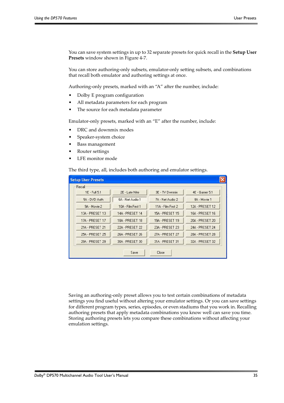 User presets, Authoring-only presets, 10 user presets | 1 authoring-only presets, Figure 4-7 | Dolby Laboratories DP570 User Manual | Page 47 / 127