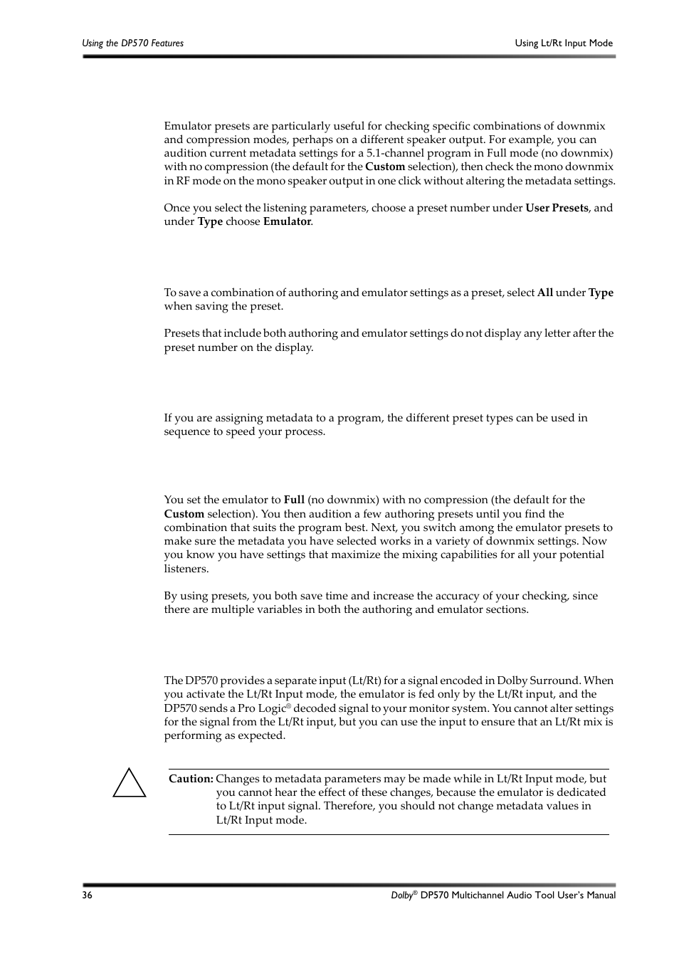 Emulator-only presets, All settings presets, Using different preset types to audition settings | Using lt/rt input mode, 11 using lt/rt input mode | Dolby Laboratories DP570 User Manual | Page 48 / 127