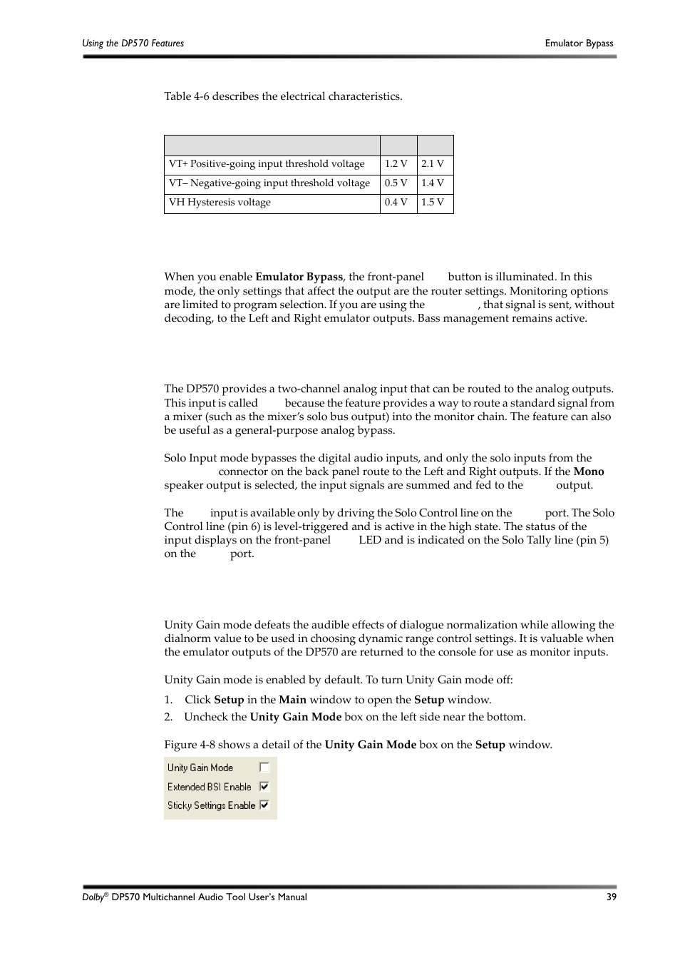 Emulator bypass, Solo input mode, Unity gain mode | 14 emulator bypass, 15 solo input mode, 16 unity gain mode, Figure 4-8, Table 4-6 | Dolby Laboratories DP570 User Manual | Page 51 / 127