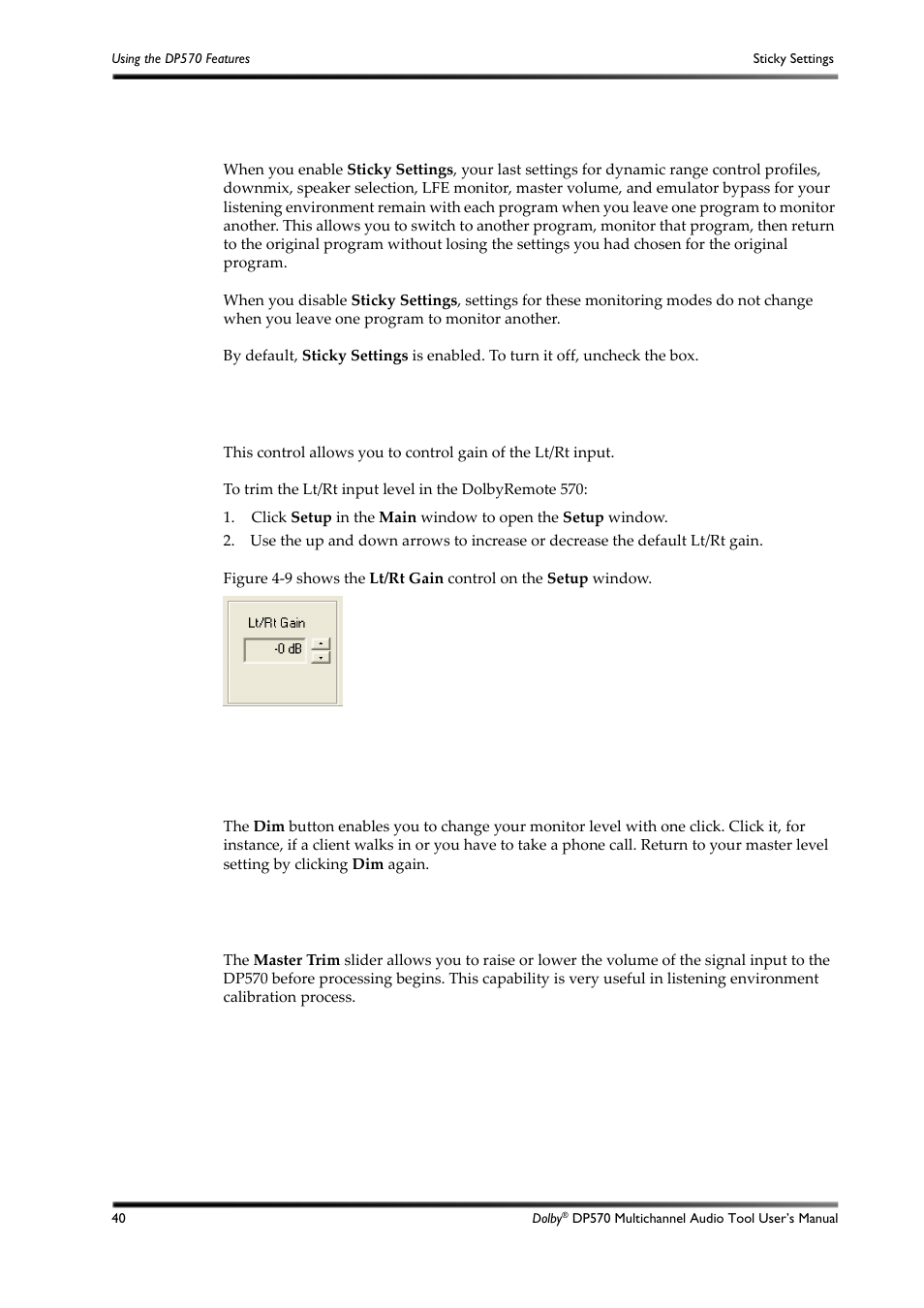 Sticky settings, Lt/rt gain function, Dim function | Master trim and master volume, 17 sticky settings, 18 lt/rt gain function, 19 dim function, 20 master trim and master volume, Figure 4-9 | Dolby Laboratories DP570 User Manual | Page 52 / 127