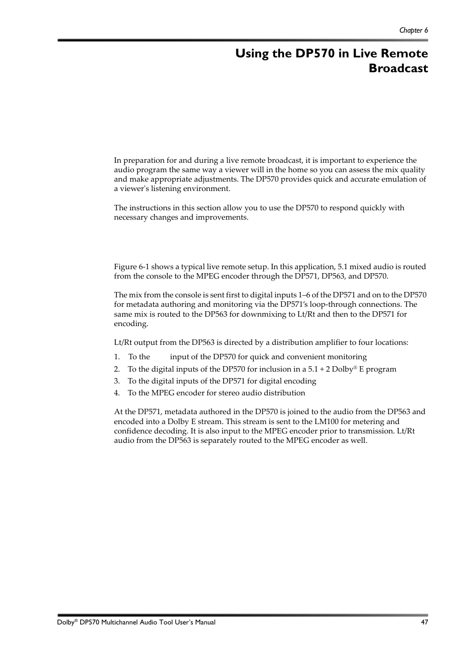 Using the dp570 in live remote broadcast, Connecting the dp570 for live remote broadcast, 1 connecting the dp570 for live remote broadcast | Using the, Dp570 in live remote broadcast | Dolby Laboratories DP570 User Manual | Page 59 / 127