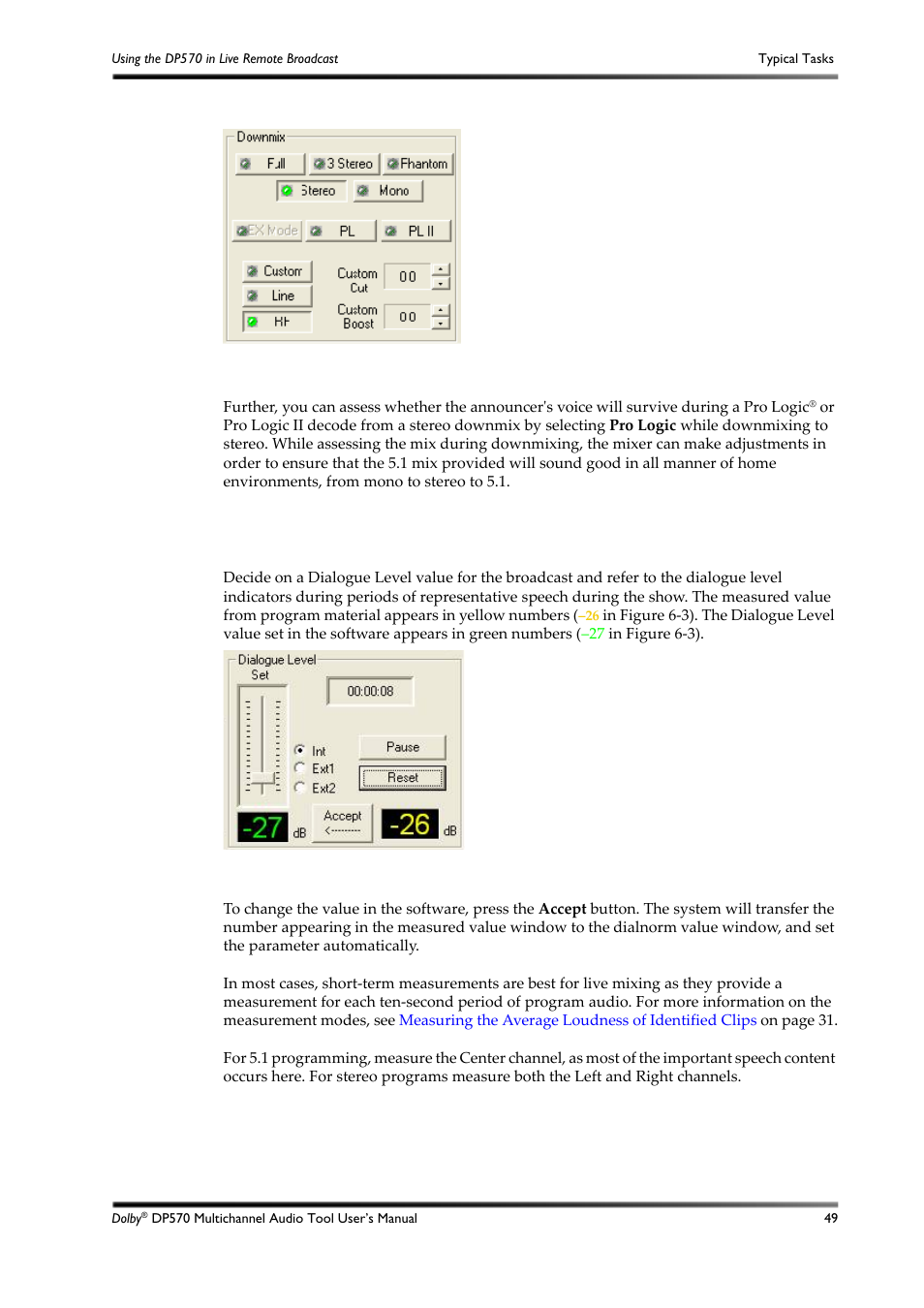 Measuring and setting dialogue level, 1 measuring and setting dialogue level, Figure 6-2 | Figure 6-3 | Dolby Laboratories DP570 User Manual | Page 61 / 127