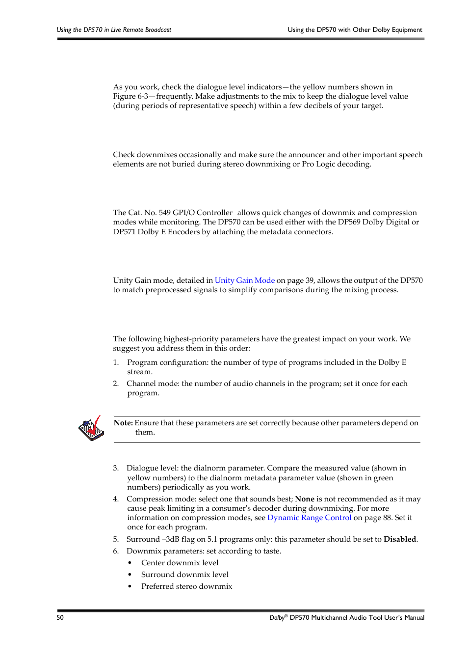 Monitoring the dialogue level, Monitoring downmixes, Using the dp570 with other dolby equipment | Using unity gain mode, Monitoring metadata, 3 using the dp570 with other dolby equipment, 4 using unity gain mode, 5 monitoring metadata | Dolby Laboratories DP570 User Manual | Page 62 / 127