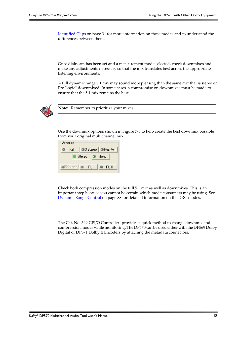 Monitoring downmixes, Using the dp570 with other dolby equipment, 3 monitoring downmixes | 3 using the dp570 with other dolby equipment, Figure 7-3 | Dolby Laboratories DP570 User Manual | Page 67 / 127