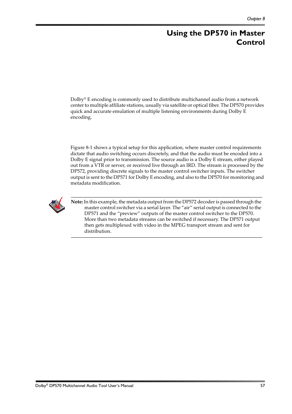 Using the dp570 in master control, Connecting the dp570, Chapter 8: using the dp570 in master control | 1 connecting the dp570, Using the dp570 in master, Control | Dolby Laboratories DP570 User Manual | Page 69 / 127
