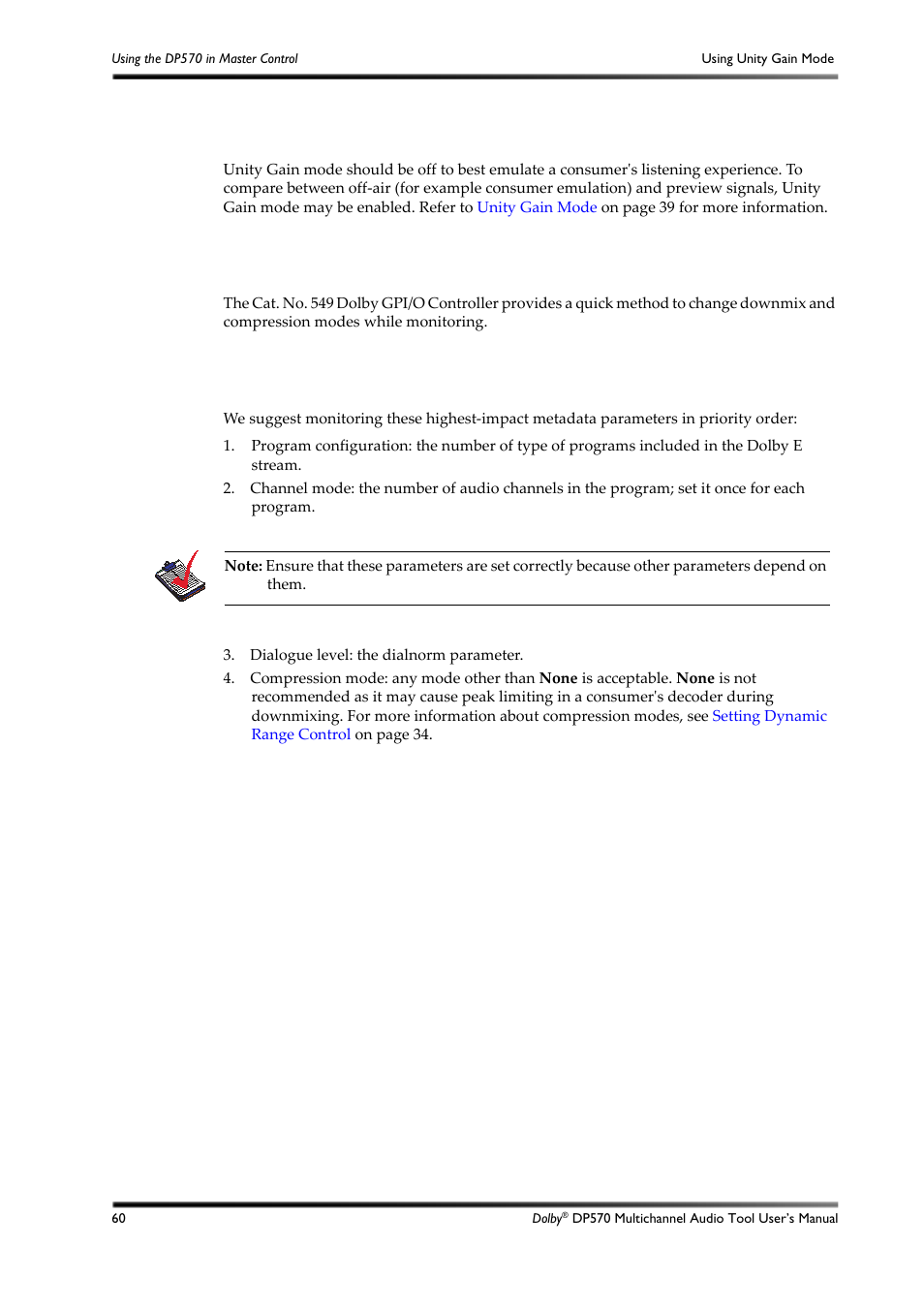 Using unity gain mode, Using the dp570 with other dolby equipment, Most important metadata | 3 using unity gain mode, 4 using the dp570 with other dolby equipment, 5 most important metadata | Dolby Laboratories DP570 User Manual | Page 72 / 127