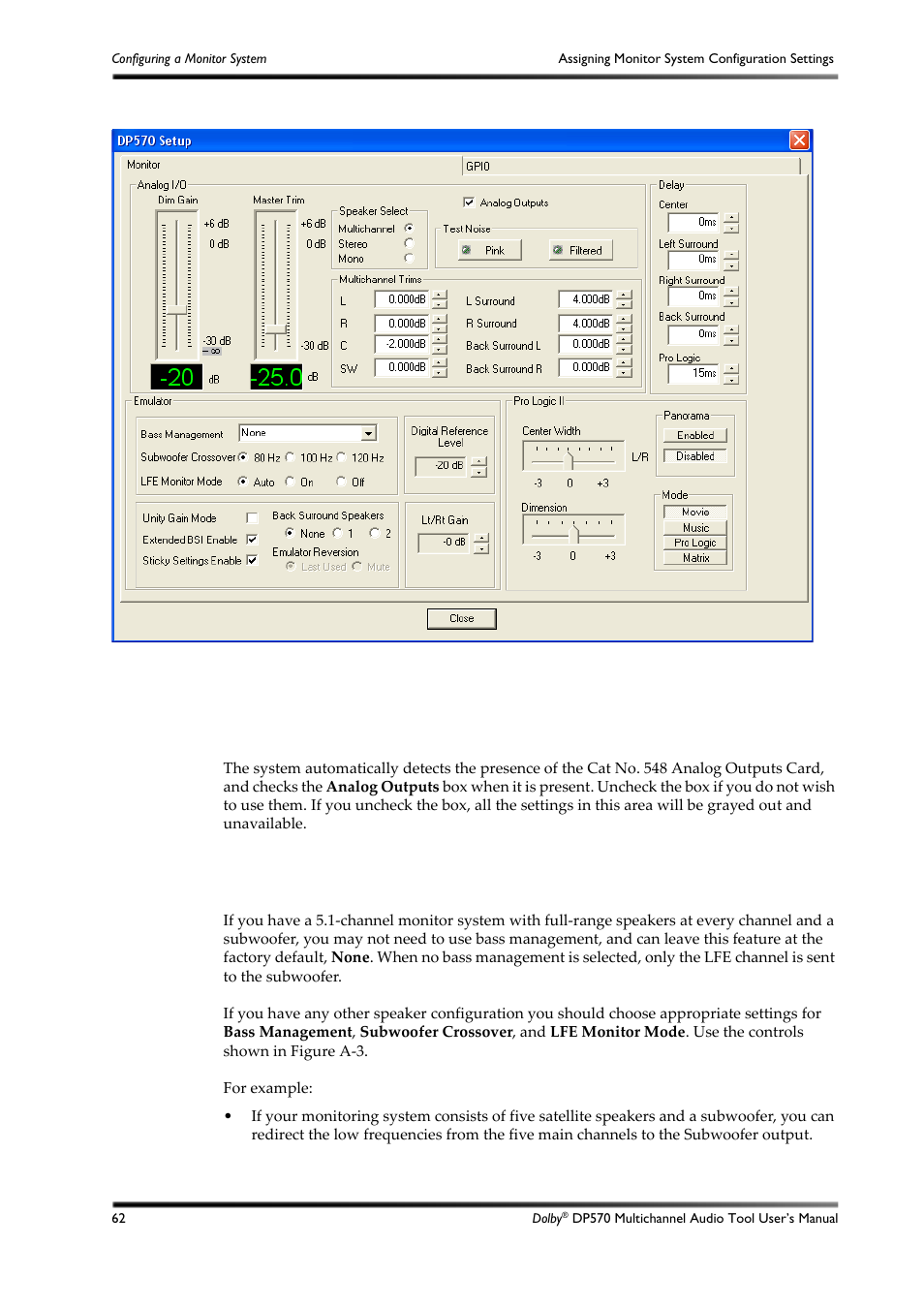 A.1.2 selecting analog outputs, A.1.3 choosing bass management settings, Figure a-2 | Monitor setup tab, Selecting analog outputs, Choosing bass management settings, Figure a | Dolby Laboratories DP570 User Manual | Page 74 / 127