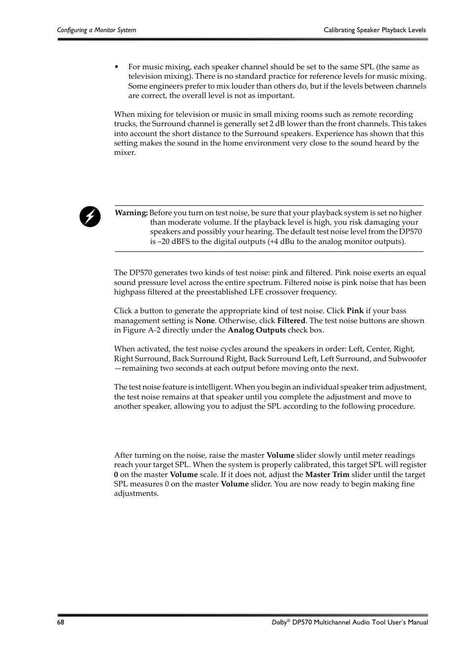 A.3.5 generating test noise, A.3.6 increasing the system volume | Dolby Laboratories DP570 User Manual | Page 80 / 127