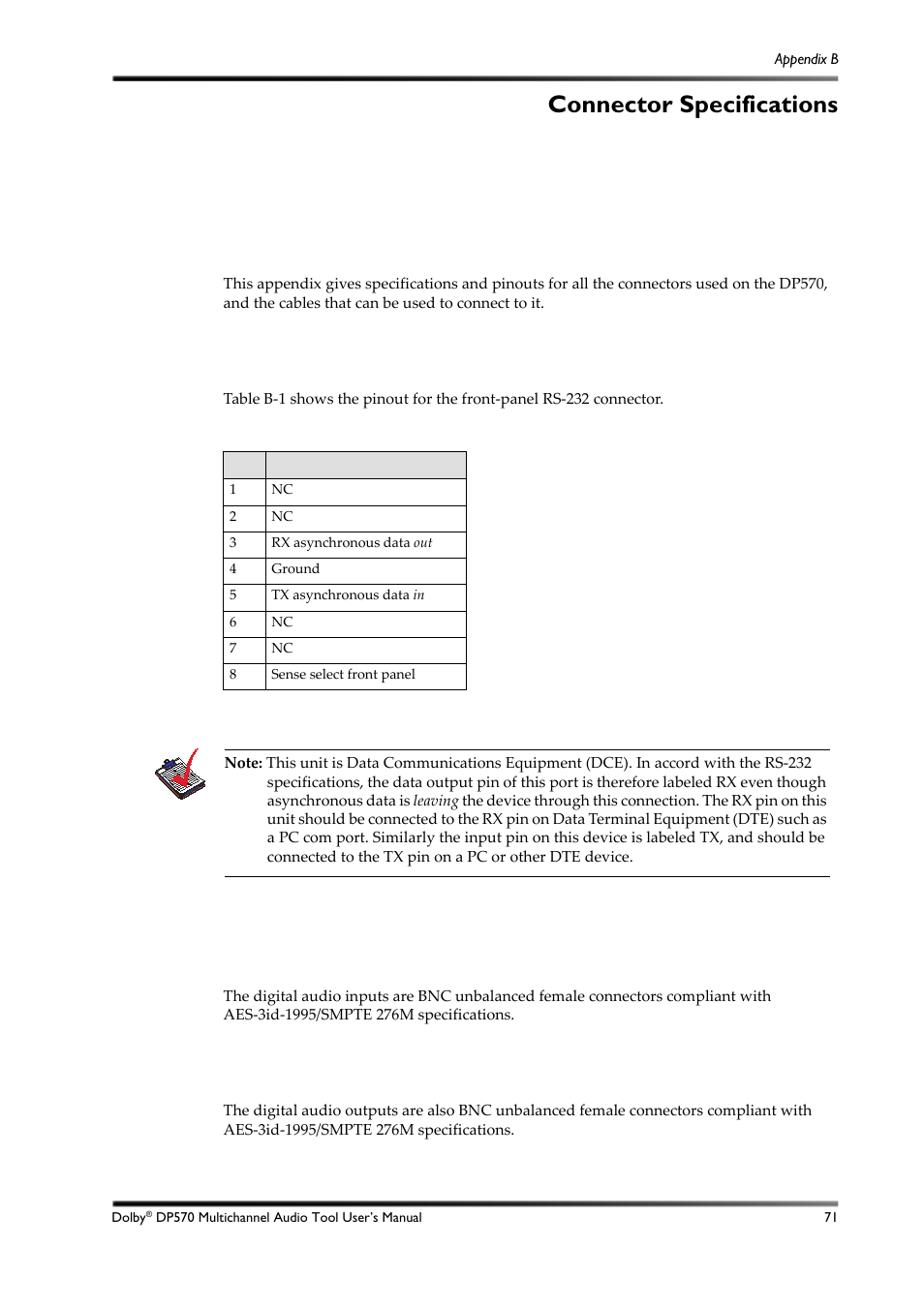 Connector specifications, B.1 front-panel remote connector, B.2 digital audio inputs | B.3 digital audio outputs, Appendix b: connector specifications, Table b-1, Front‐panel remote connector | Dolby Laboratories DP570 User Manual | Page 83 / 127