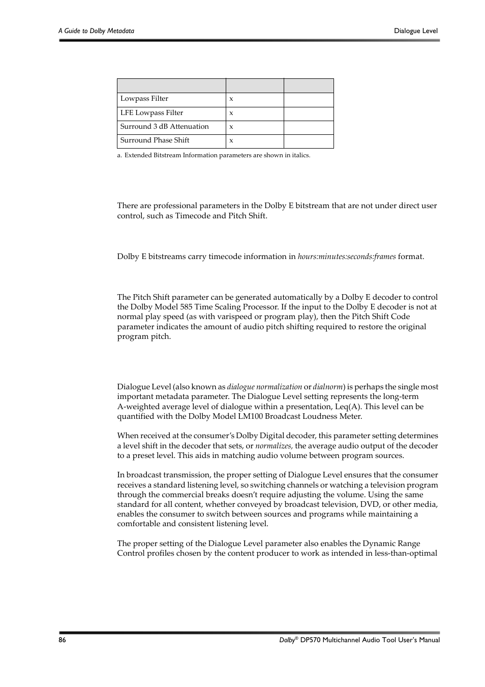 D.2 dialogue level, Dialogue level, Level | Dolby Laboratories DP570 User Manual | Page 98 / 127