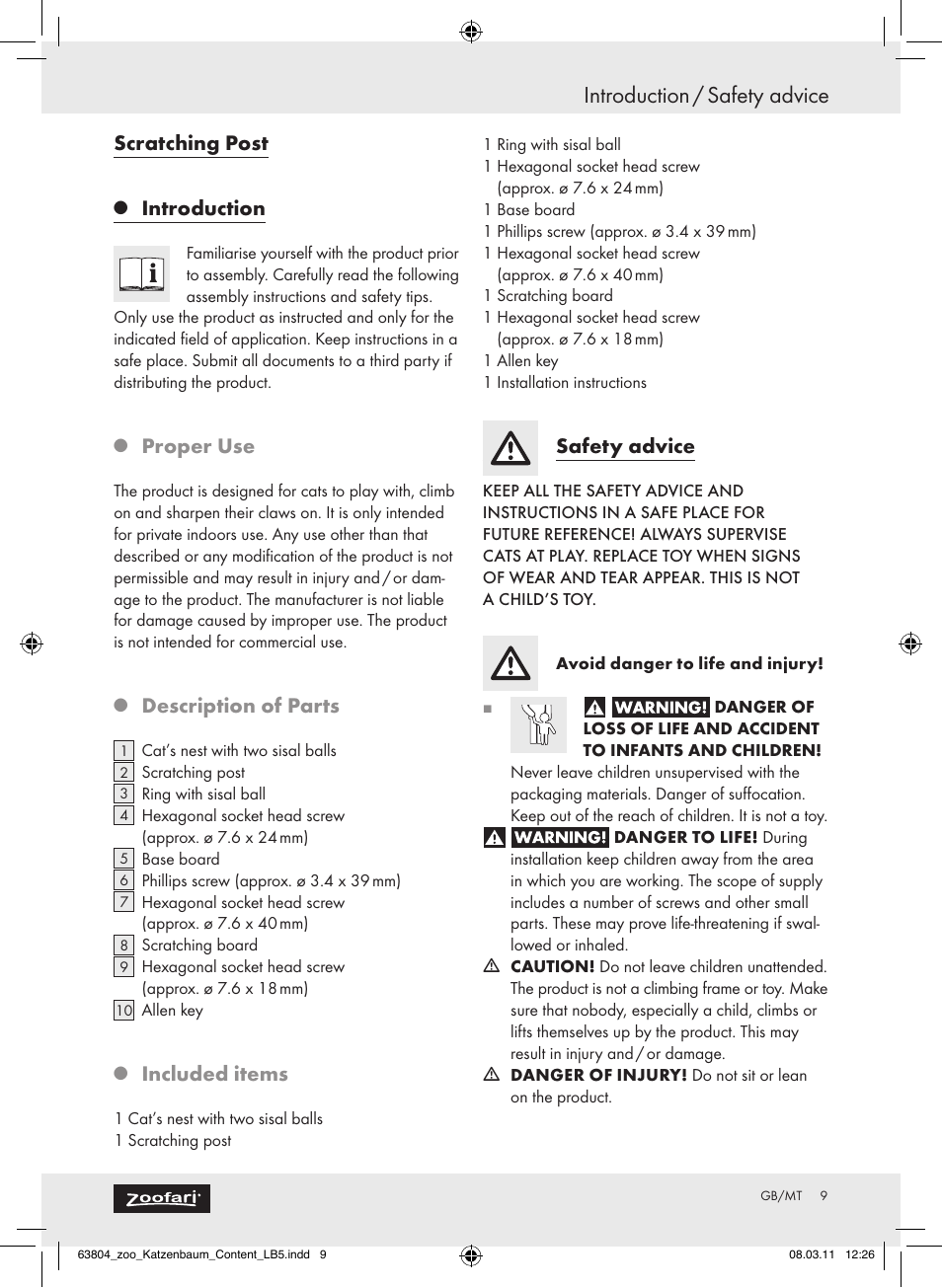 Introduction / safety advice, Scratching post, Introduction | Proper use, Description of parts, Included items, Safety advice | Zoofari Scratching Post Z30854 User Manual | Page 7 / 11