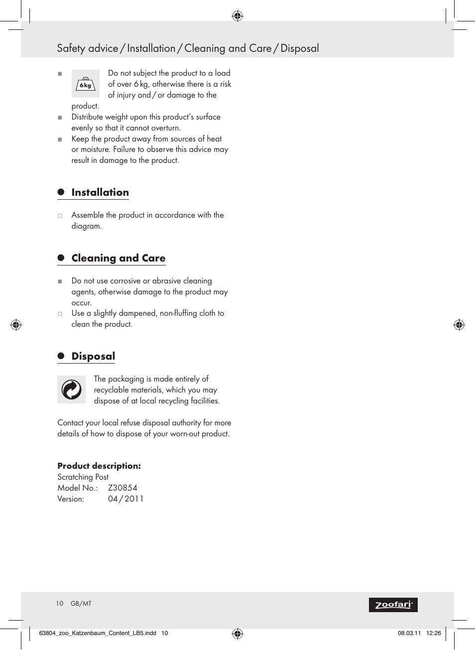 Installation, Cleaning and care, Disposal | Zoofari Scratching Post Z30854 User Manual | Page 8 / 11