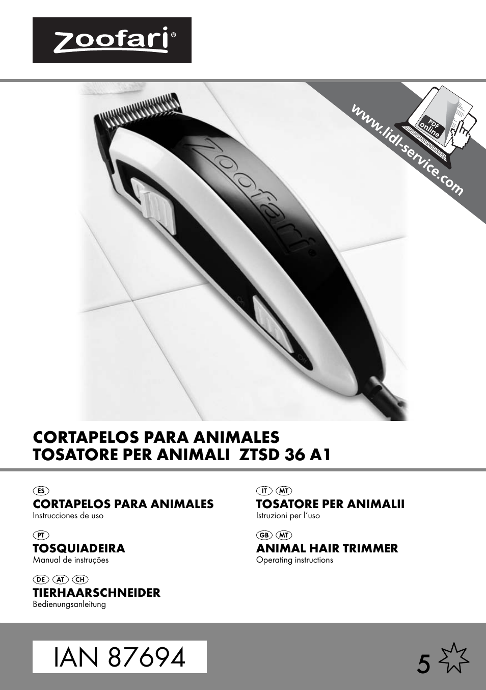 Zoofari Animal Hair Trimmer ZTSD 36 A1 User Manual | 21 pages