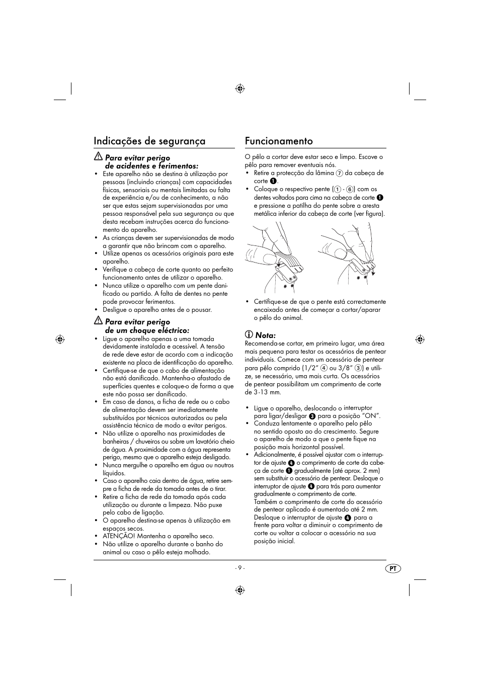 Indicações de segurança, Funcionamento, Para evitar perigo de acidentes e ferimentos | Para evitar perigo de um choque eléctrico, Nota | Zoofari Animal Hair Trimmer ZTSD 36 A1 User Manual | Page 12 / 21