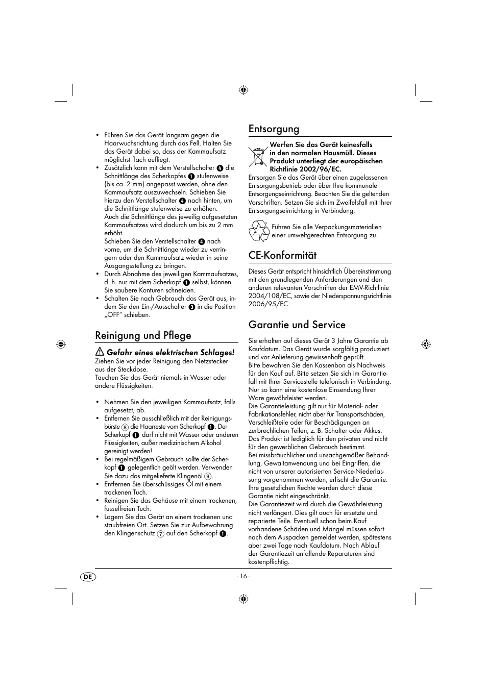 Reinigung und pﬂ ege, Entsorgung, Ce-konformität | Garantie und service, Gefahr eines elektrischen schlages | Zoofari Animal Hair Trimmer ZTSD 36 A1 User Manual | Page 19 / 21