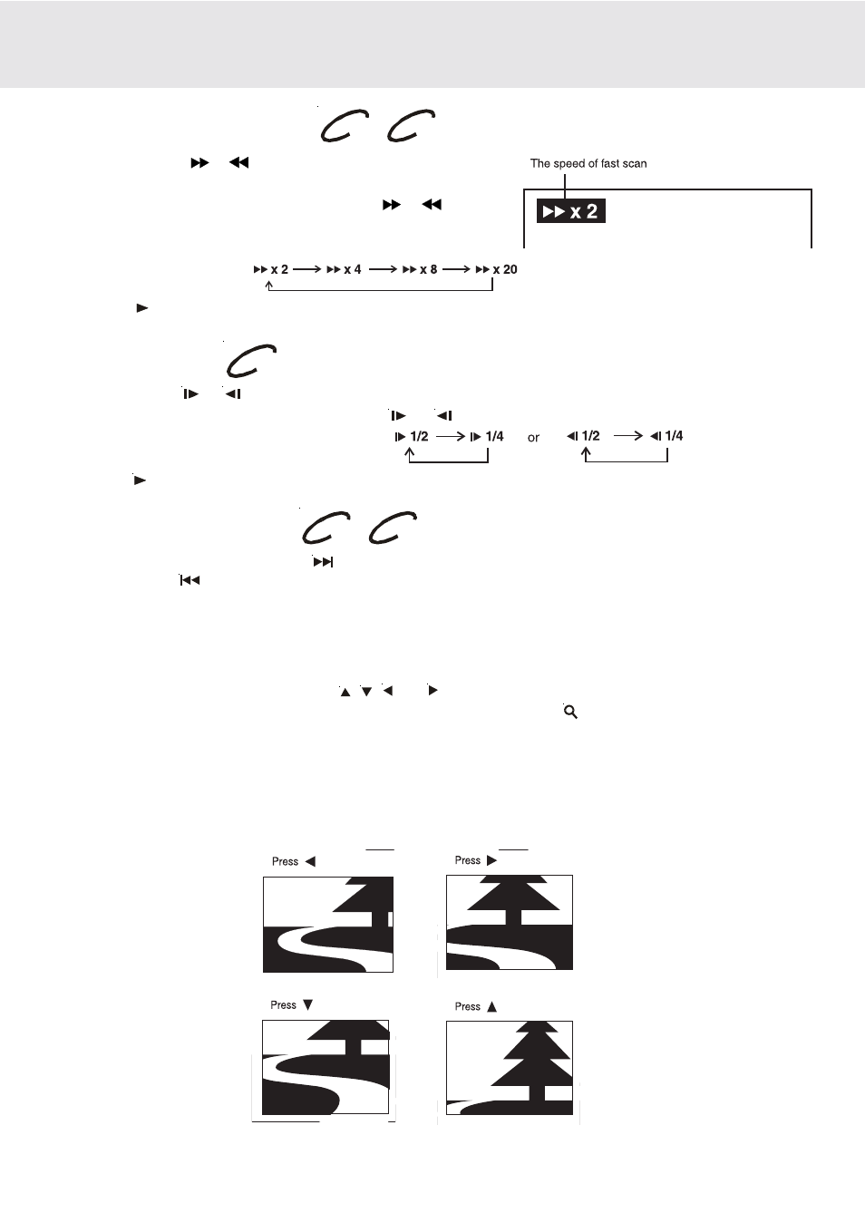 Playing a disc, Fast forward/fast reverse, Slow-motion play | Zooming into an image, Skip (forward / reverse) | Dolby Laboratories DVD Micro Theater System User Manual | Page 20 / 40