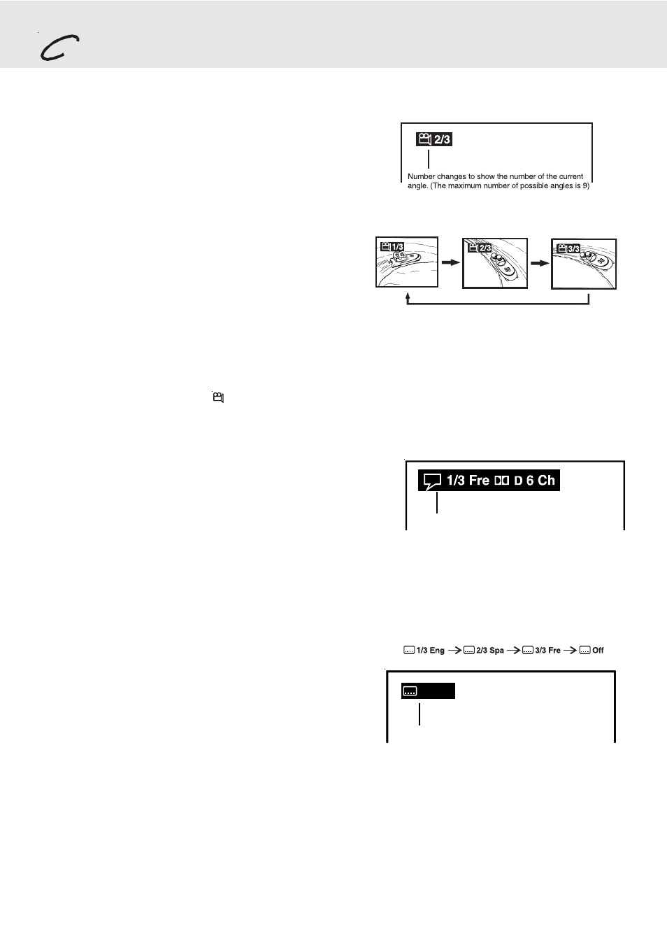 Angle selection, Audio selection, Subtitle selection | Dolby Laboratories DVD Micro Theater System User Manual | Page 21 / 40