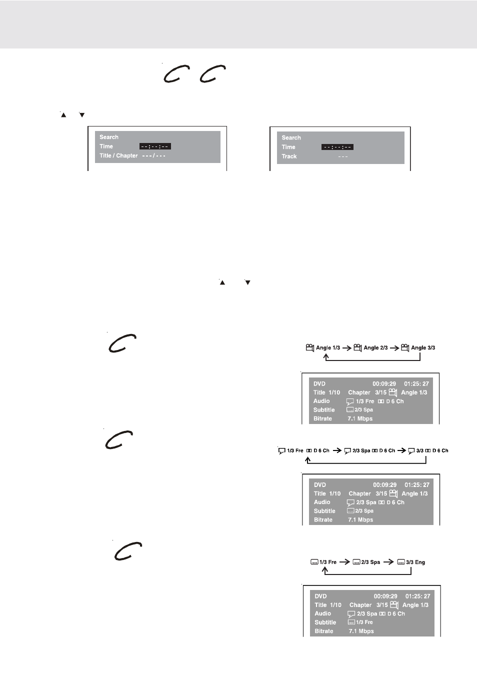 Locating a specific time, Angle setting, Audio setting | Subtitle setting | Dolby Laboratories DVD Micro Theater System User Manual | Page 24 / 40