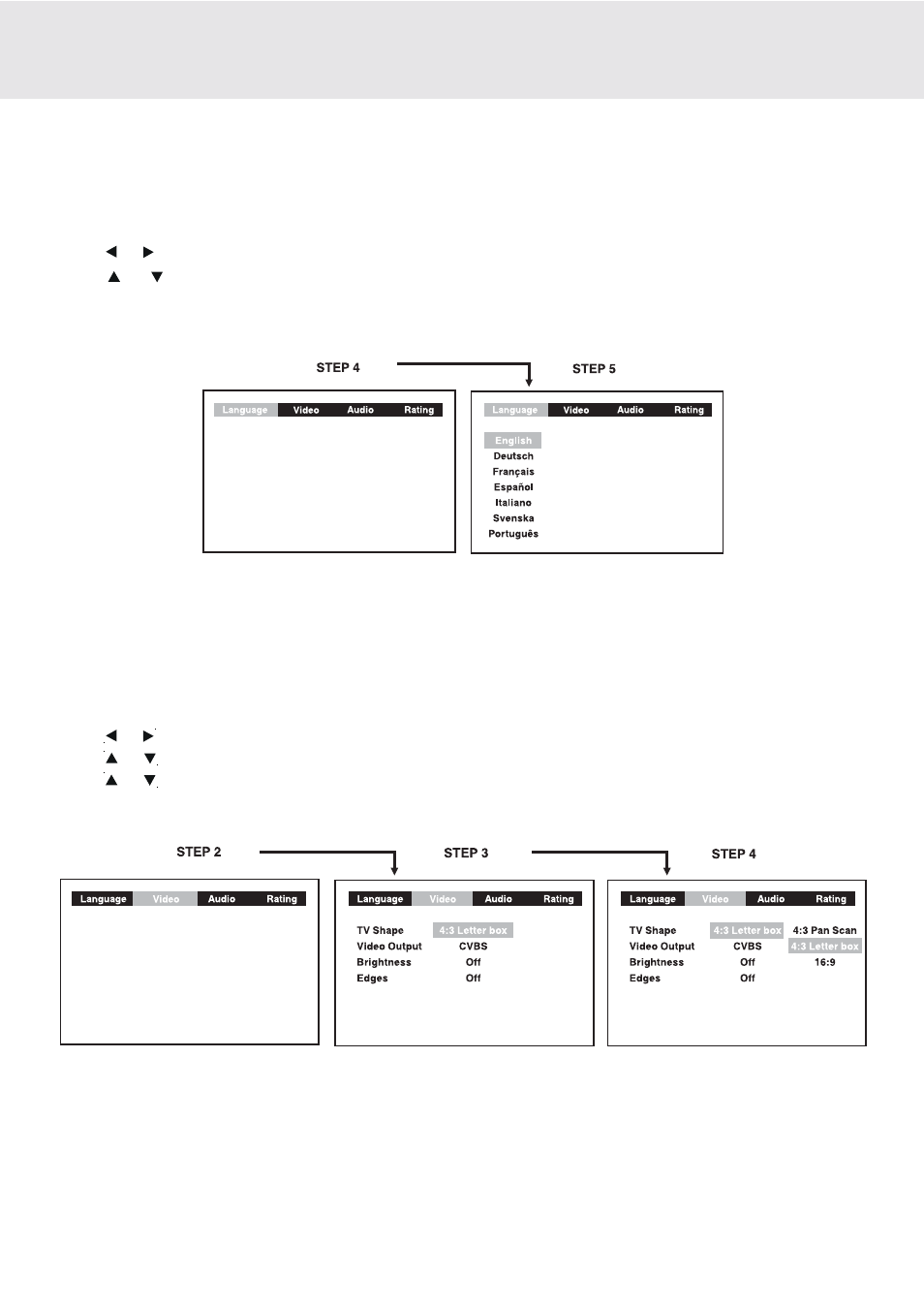Customizing the function settings, Language setting, Video setting | Tv shape | Dolby Laboratories DVD Micro Theater System User Manual | Page 30 / 40