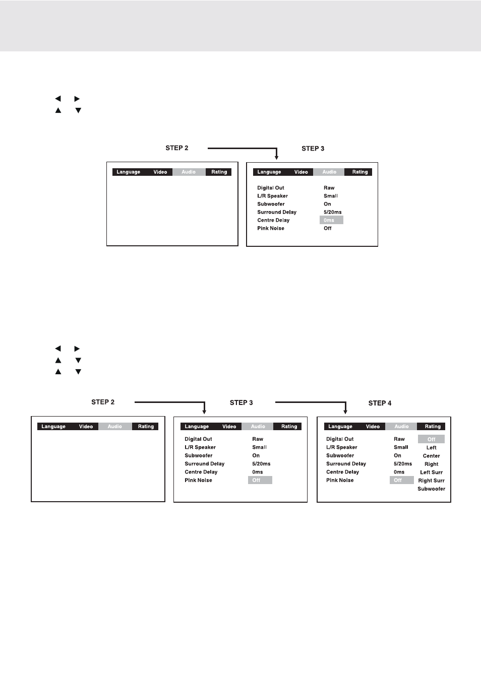 Customizing the function settings, Pink noise, Center delay | Dolby Laboratories DVD Micro Theater System User Manual | Page 35 / 40