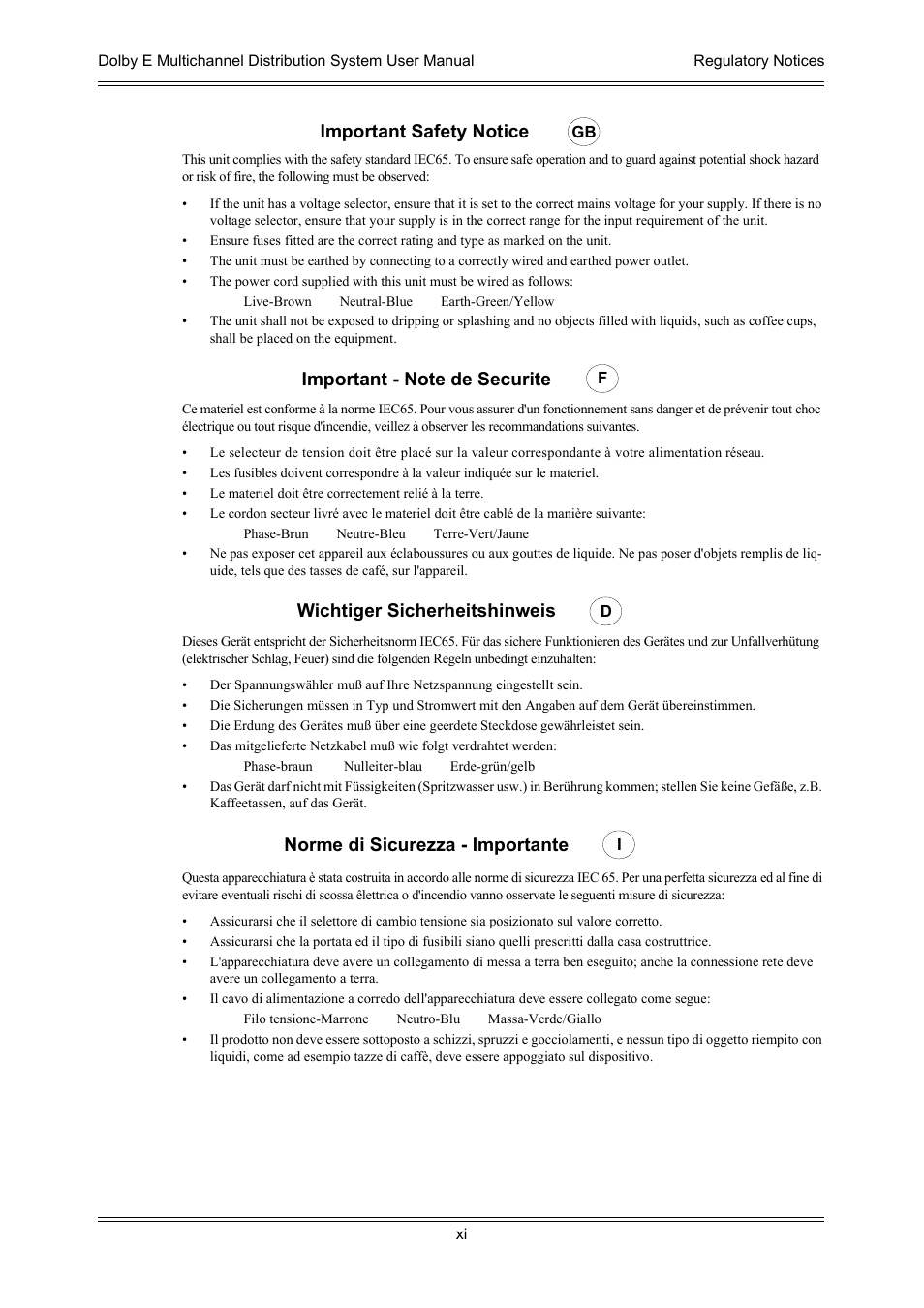 Important safety notice, Wichtiger sicherheitshinweis, Norme di sicurezza - importante | Dolby Laboratories DP572 User Manual | Page 11 / 62