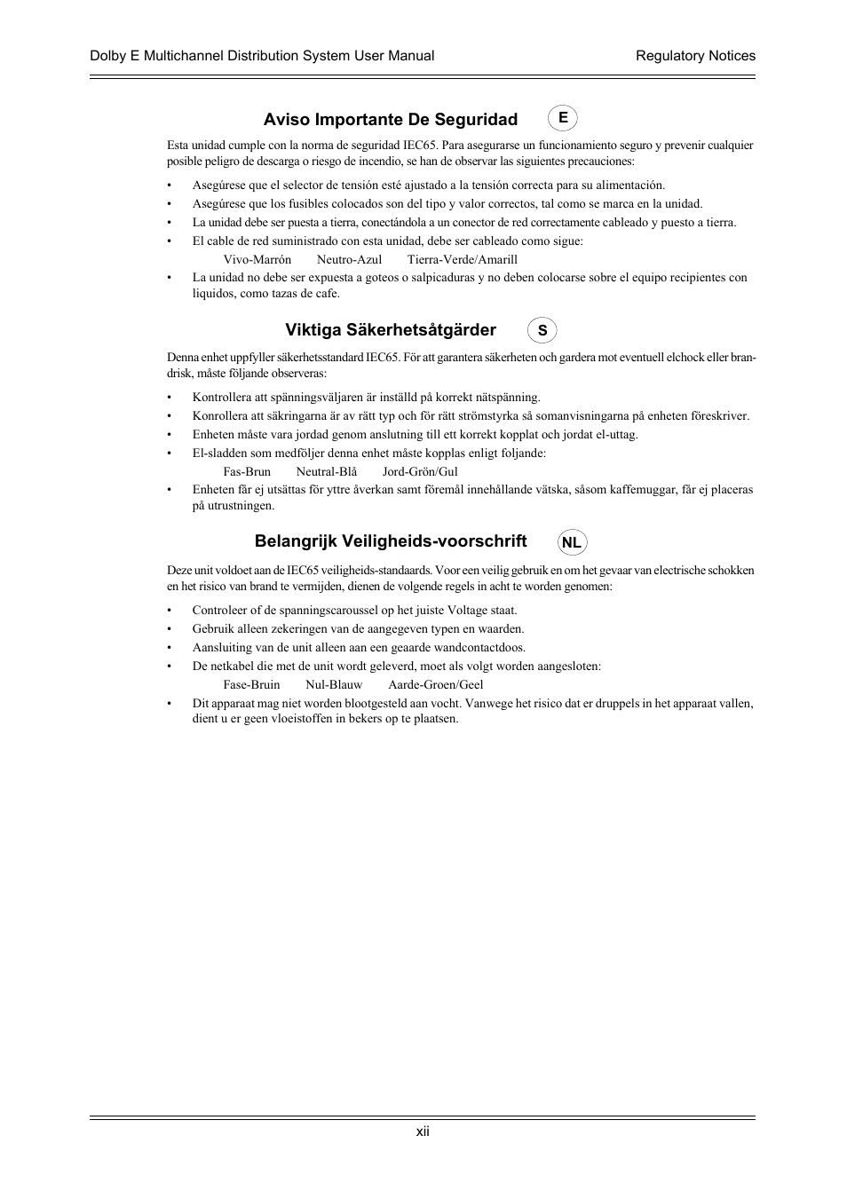 Aviso importante de seguridad, Viktiga säkerhetsåtgärder, Belangrijk veiligheids-voorschrift | Dolby Laboratories DP572 User Manual | Page 12 / 62
