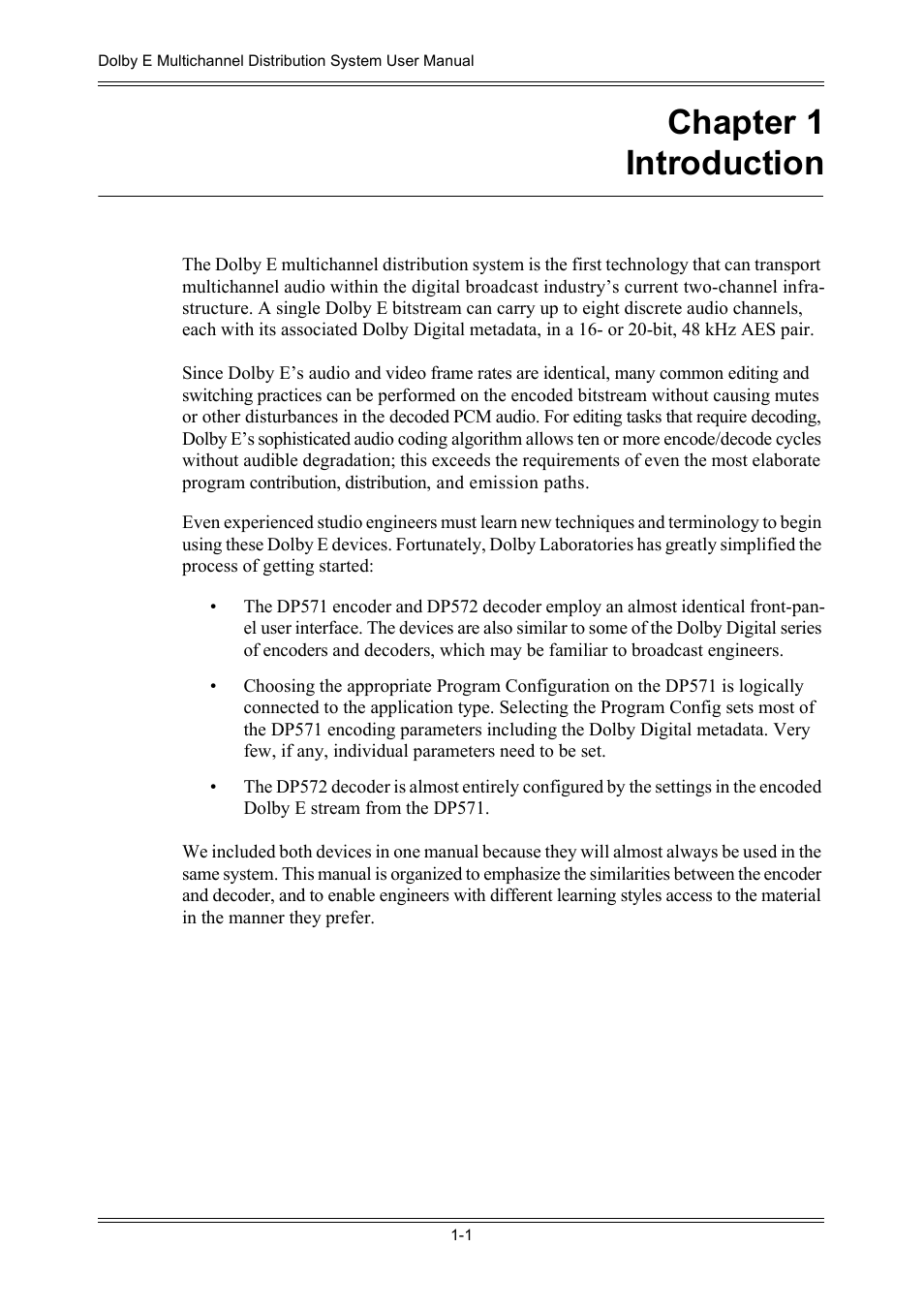 Chapter 1 introduction, Chapter 1, Introduction | Dolby Laboratories DP572 User Manual | Page 13 / 62