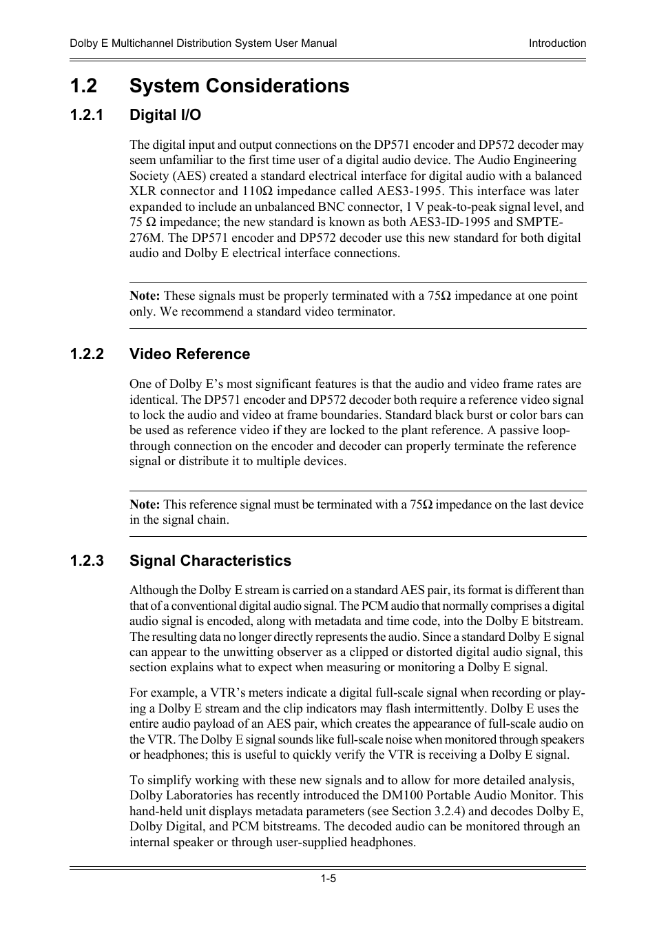 2 system considerations, 1 digital i/o, 2 video reference | 3 signal characteristics, 2 system considerations -5, Section 1.2 - system considerations | Dolby Laboratories DP572 User Manual | Page 17 / 62