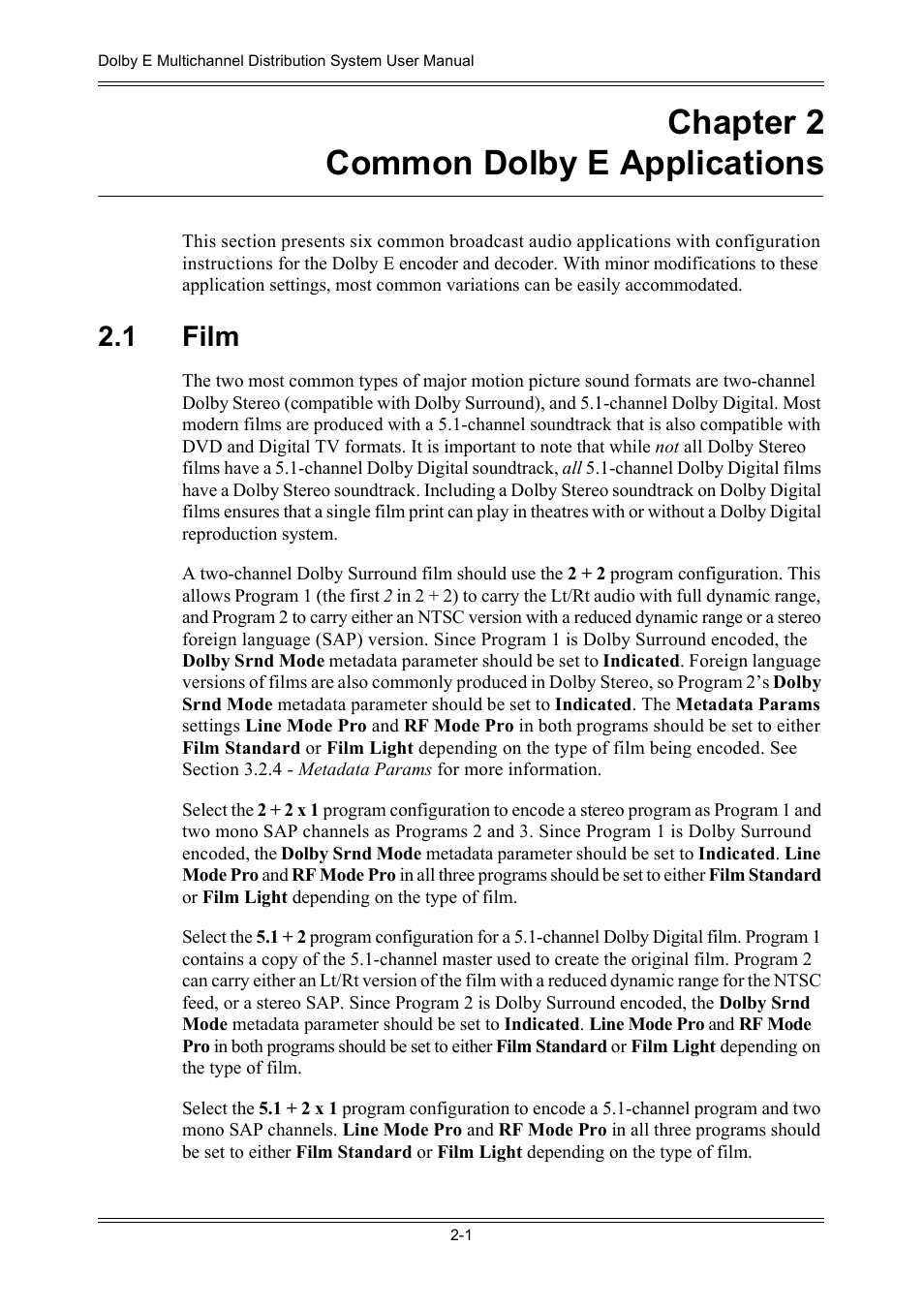 Chapter 2 common dolby e applications, 1 film, Chapter 2 | Common dolby e applications, 1 film -1, Chapter 2 – common dolby e applications | Dolby Laboratories DP572 User Manual | Page 29 / 62