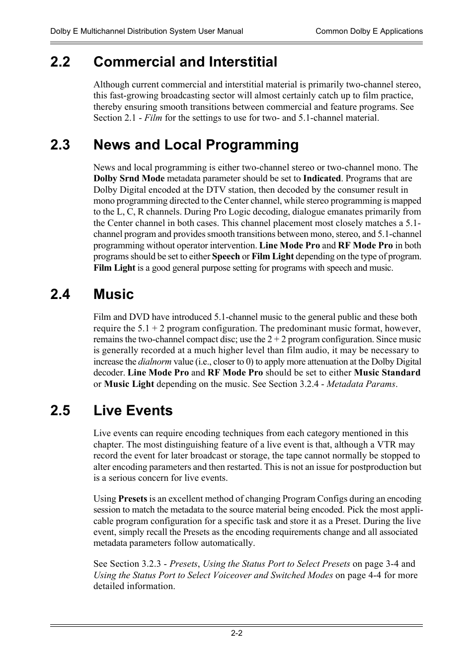 2 commercial and interstitial, 3 news and local programming, 4 music | 5 live events, 2 commercial and interstitial -2, 3 news and local programming -2 2.4 music -2, 5 live events -2 | Dolby Laboratories DP572 User Manual | Page 30 / 62