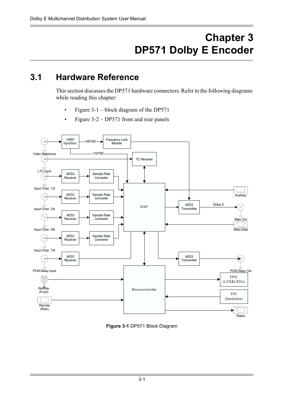 Chapter 3 dp571 dolby e encoder, 1 hardware reference, Chapter 3 | Dp571 dolby e encoder, 1 hardware reference -1, Chapter 3 – dp571 dolby e encoder and c | Dolby Laboratories DP572 User Manual | Page 33 / 62