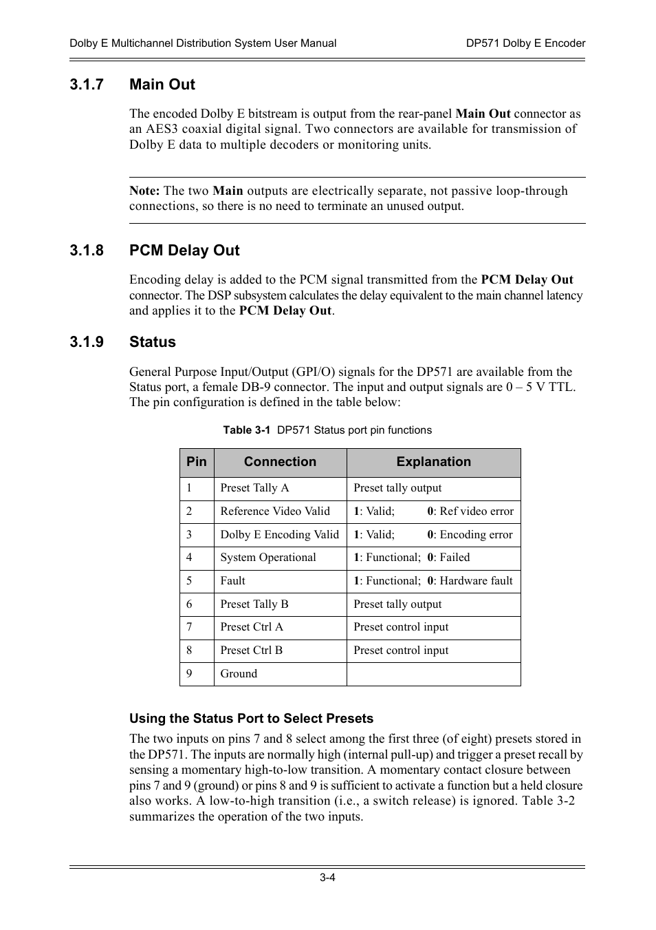 7 main out, 8 pcm delay out, 9 status | Dolby Laboratories DP572 User Manual | Page 36 / 62