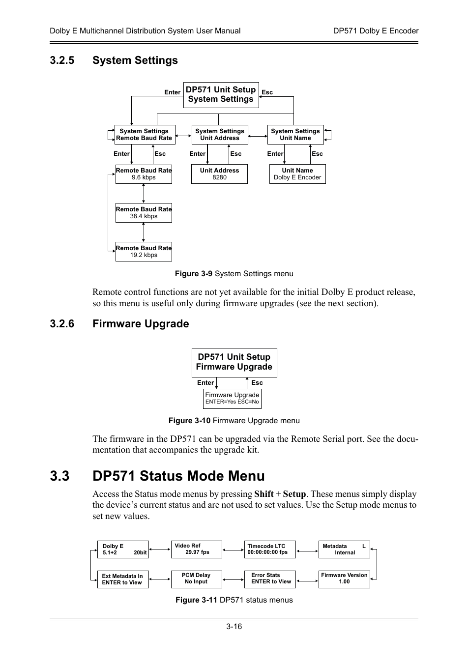 5 system settings, 6 firmware upgrade, 3 dp571 status mode menu | 3 dp571 status mode menu -16 | Dolby Laboratories DP572 User Manual | Page 48 / 62