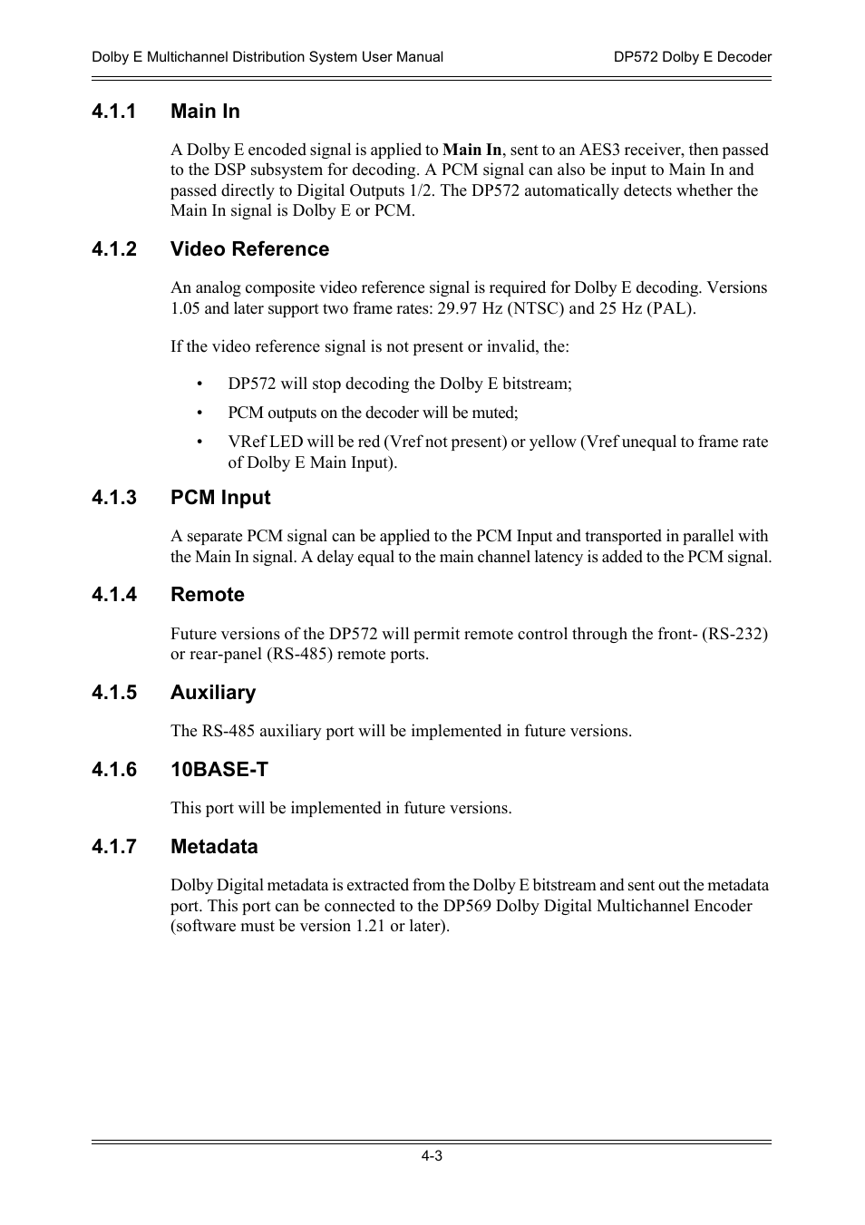 1 main in, 2 video reference, 3 pcm input | 4 remote, 5 auxiliary, 6 10base-t, 7 metadata | Dolby Laboratories DP572 User Manual | Page 51 / 62
