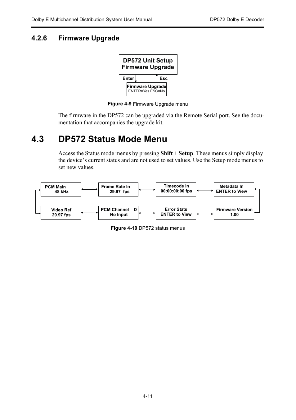 6 firmware upgrade, 3 dp572 status mode menu, 3 dp572 status mode menu -11 | Dolby Laboratories DP572 User Manual | Page 59 / 62