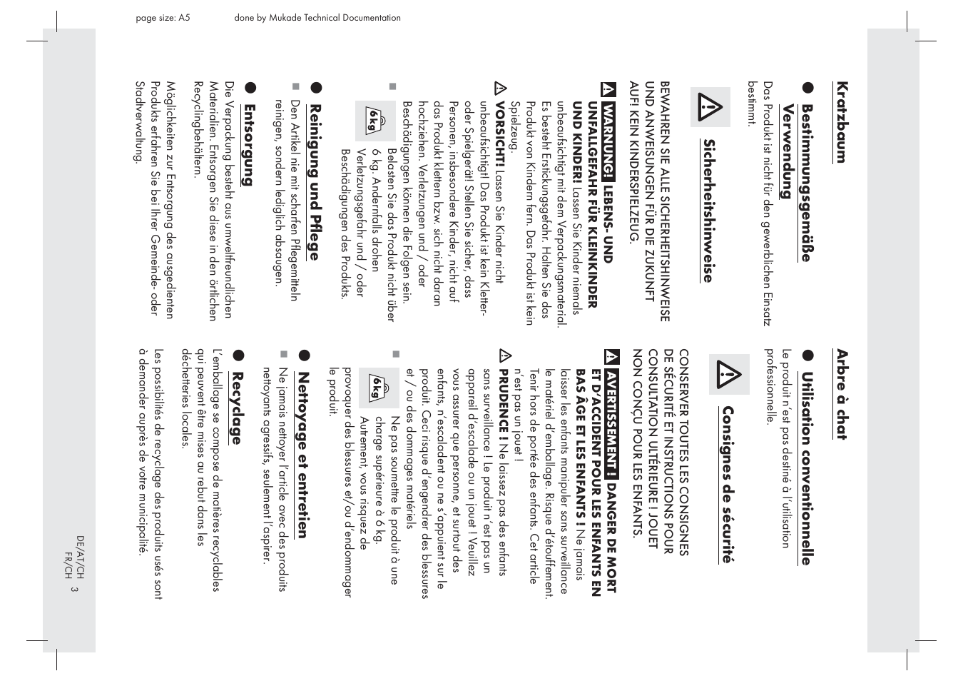 Kr atzbaum z bes timmungsgemäße v e rw endung, Sicherheitshin w eise, Z reinigung und pﬂege | Z entsor gung, Arbr e à chat z utilisation con v entionnelle, Consignes de sécurité, Z n e tt o y age et entr etien, Z recy clage | Zoofari Cat See-Saw Z29571A User Manual | Page 3 / 6