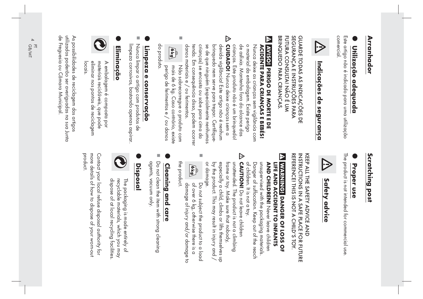 Arr anhador z utilização adeq uada, Indicações de segur ança, Z lim peza e conser v ação | Z eliminação, Scr at ching pos t z pr oper use, Saf e ty advice, Z cleaning and car e, Z dis posal | Zoofari Cat See-Saw Z29571A User Manual | Page 4 / 7