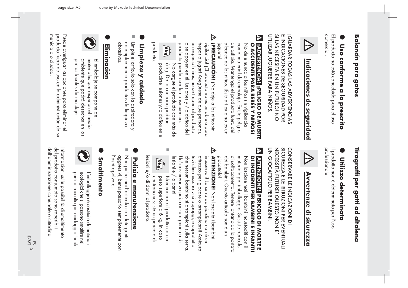 Indicaciones de seguridad, Z lim pieza y cuidado, Z eliminación | Avv e rt enze di sicur ezza, Z pulizia e manut enzione, Z smaltiment o | Zoofari Cat See-Saw Z29571B User Manual | Page 3 / 7