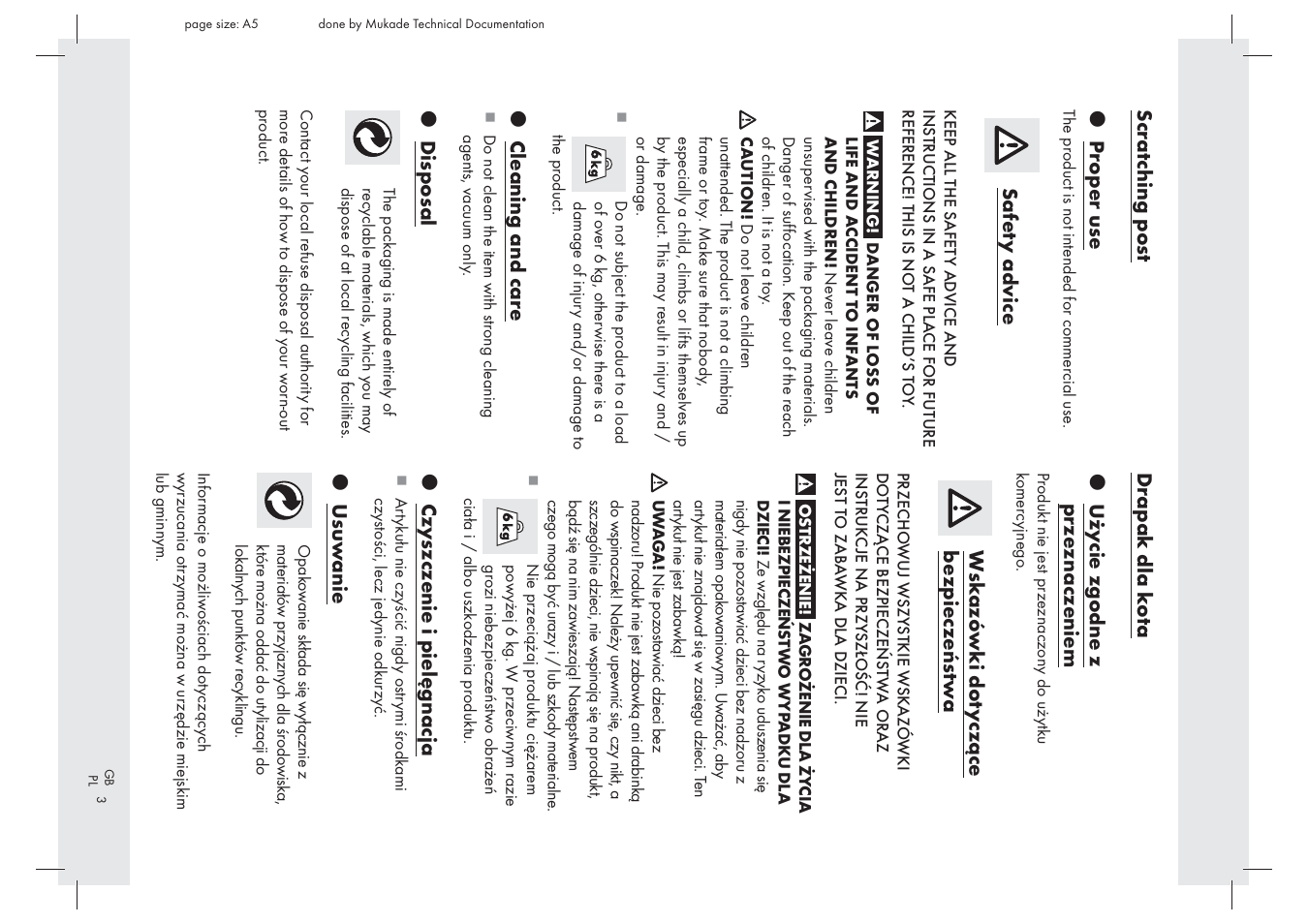 Scr at ching pos t z pr oper use, Saf et y advice, Z cleaning and car e | Z dis posal, Ws k azó wki dot y czące bezpieczeńs tw a, Z czy szczenie i pielęgnac ja, Z usuw anie | Zoofari Cat See-Saw Z29571A User Manual | Page 3 / 8