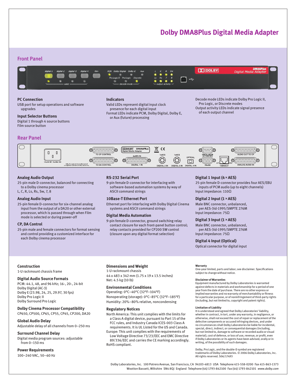 Dolby dma8plus digital media adapter, Front panel rear panel | Dolby Laboratories DMA8PLUS User Manual | Page 2 / 2