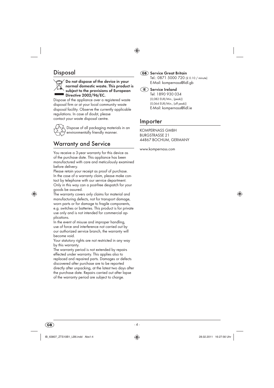 Disposal, Warranty and service, Importer | Zoofari Animal Clippers ZTS 10 B1 User Manual | Page 6 / 6