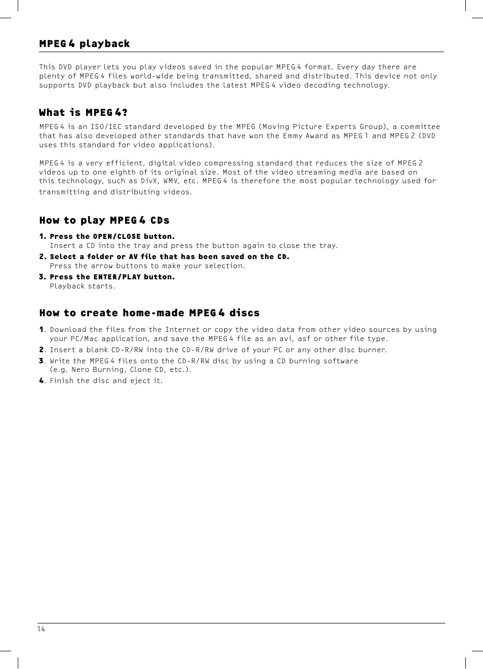 Mpeg 4 playback, What is mpeg 4, How to play mpeg 4 cds | How to create home- made mpeg 4 discs | Dolby Laboratories DX4 User Manual | Page 14 / 15