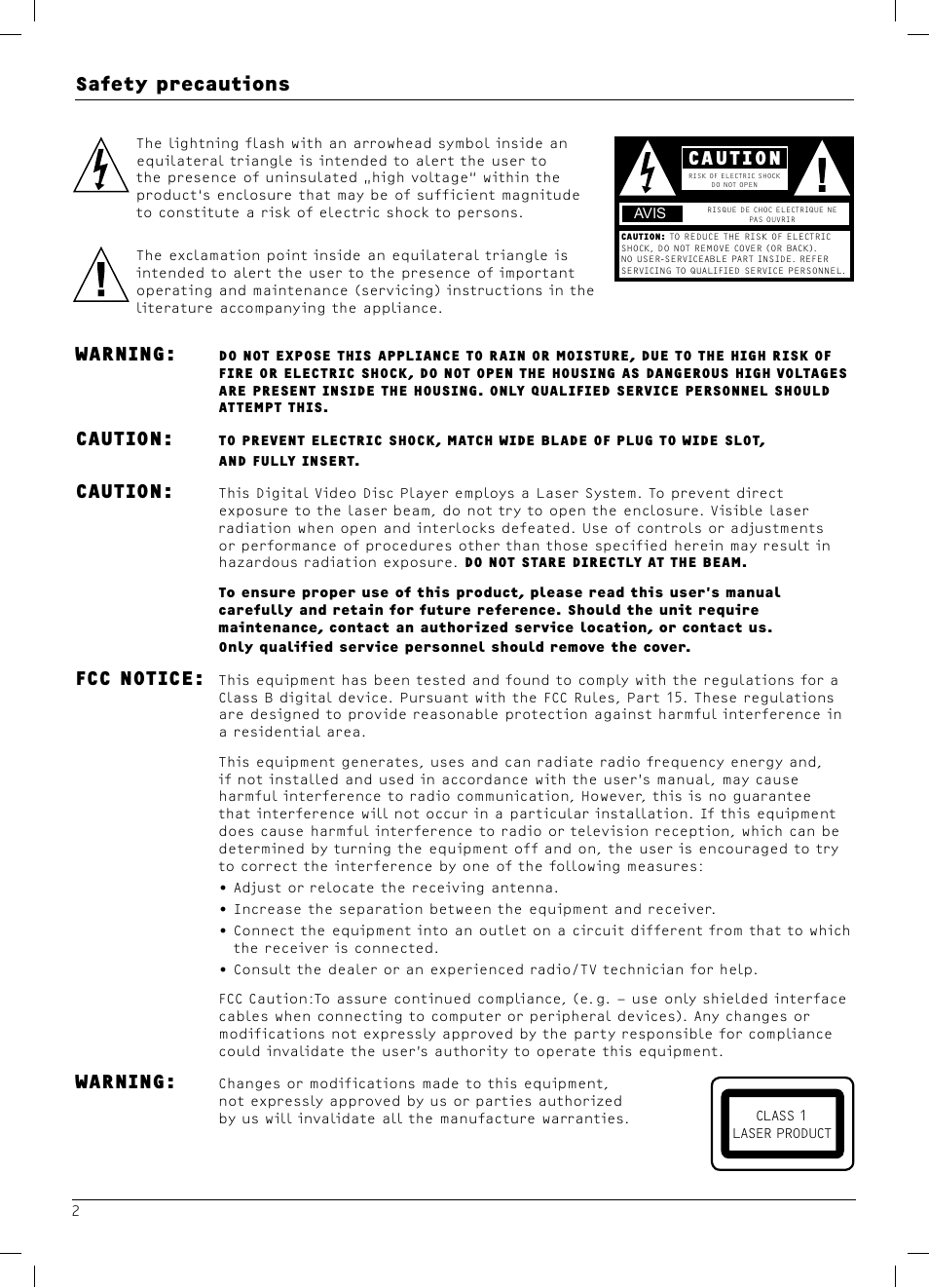 Caution, Safety precautions, Warning | Fcc notice | Dolby Laboratories DX4 User Manual | Page 2 / 15