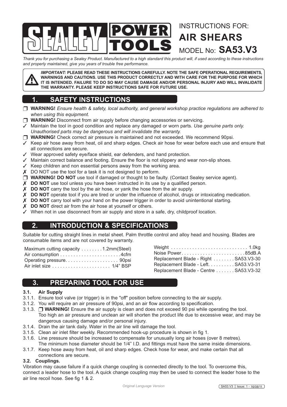 Sealey SA53 User Manual | 2 pages