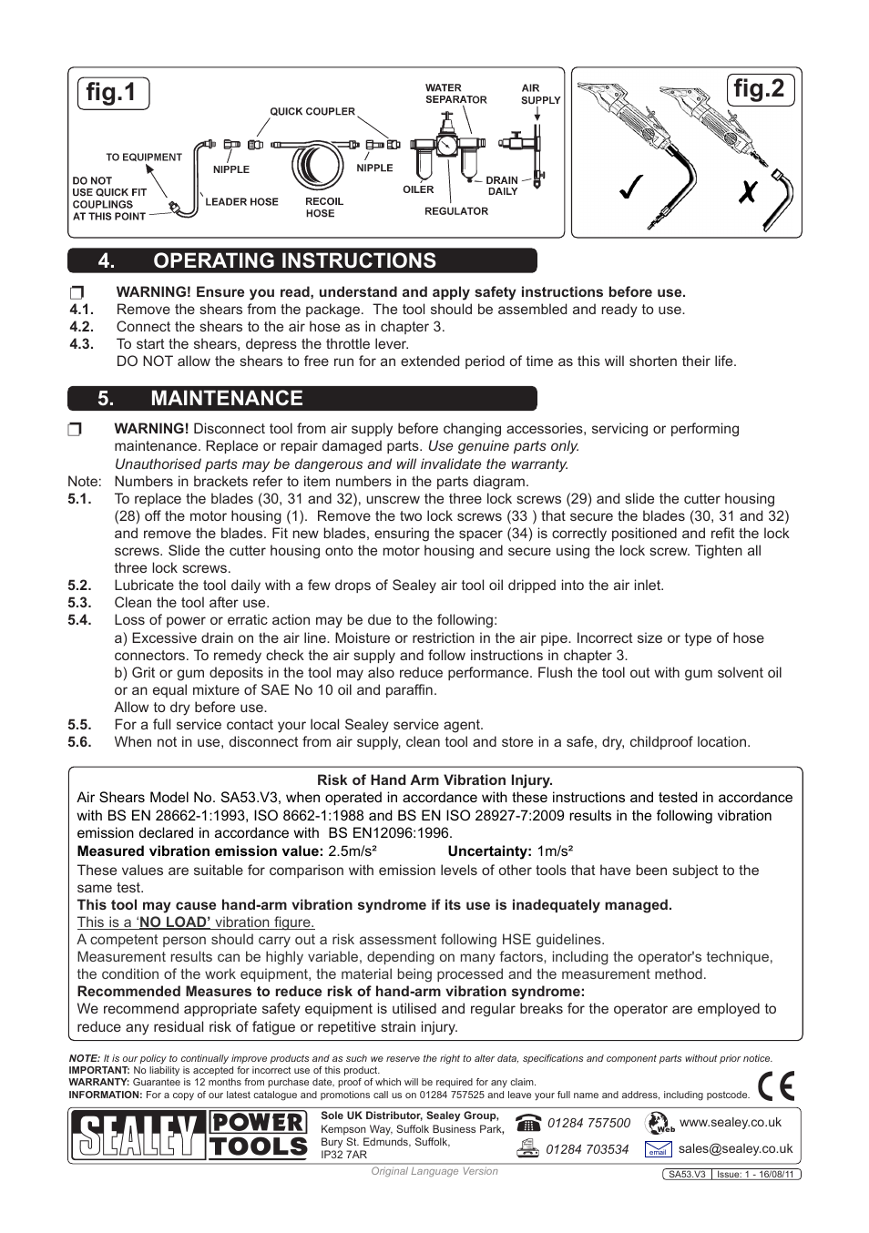 Fig.1, Fig.2, Operating instructions 5. maintenance | Sealey SA53 User Manual | Page 2 / 2