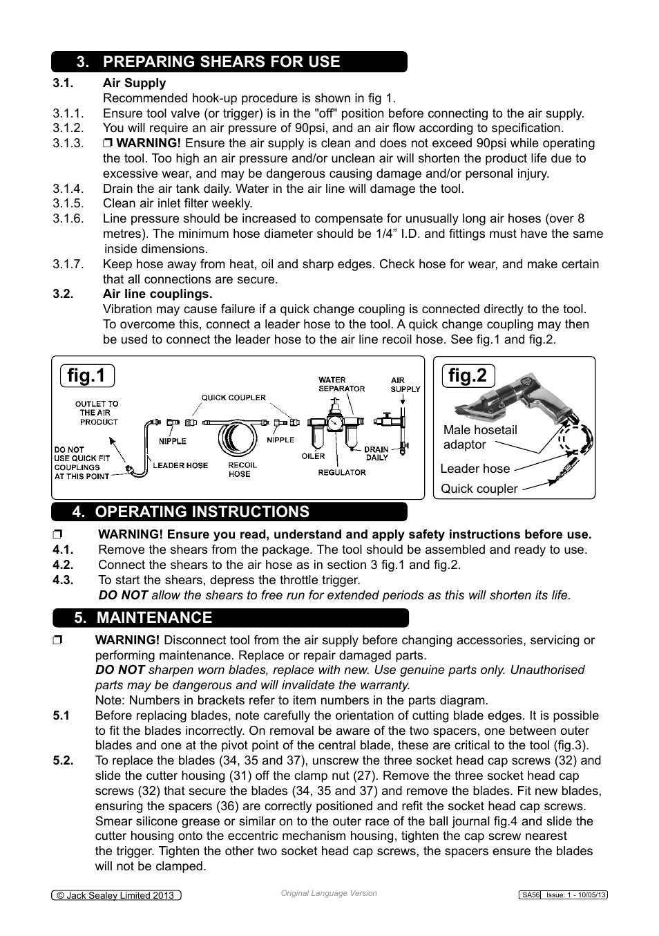 Fig.1, Fig.2, Operating instructions 5. maintenance | Preparing shears for use | Sealey SA56 User Manual | Page 2 / 4